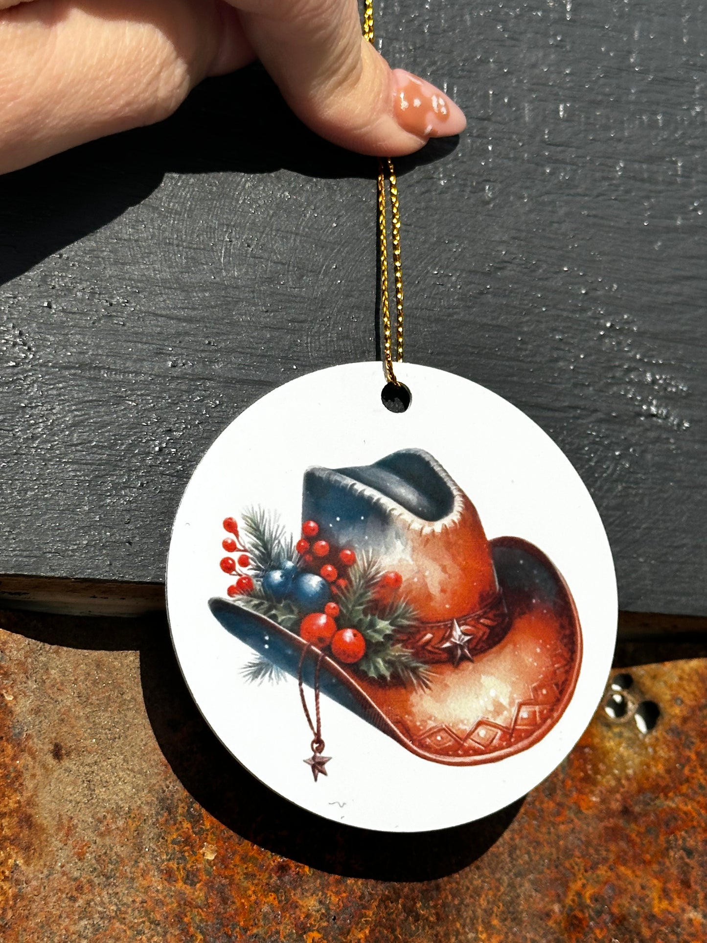 Western themed cowboy hats, ornament blue with poinsettia and star