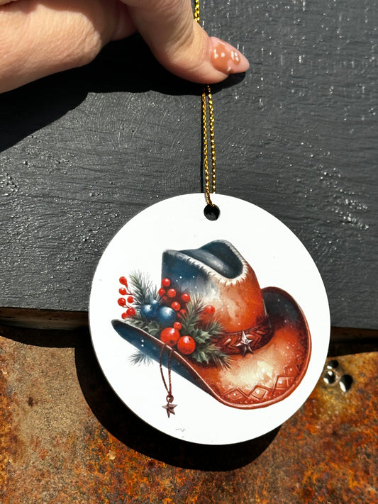 Western themed cowboy hats, ornament blue with poinsettia and star