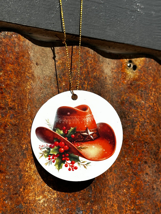 Western cowboy hat, Christmas ornament with two poinsettias